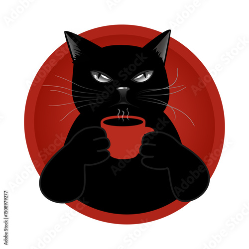 Cute Black Cat Drinking Hot Coffee, Cartoon Vector for Cafe Decor and Mugs