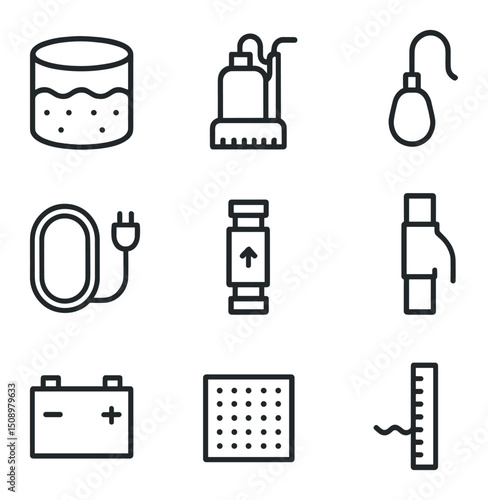 Sump Pump Icon Set. Outline icon set of sump pump care: sump pit, submersible pump, float switch, power cord, check valve,