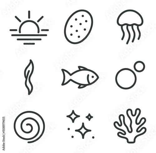 Sunlit Bioluminescent Icons. Outline icon set of meeting of sunlight and bioluminescence: sunbeam, bioluminescent plankton,