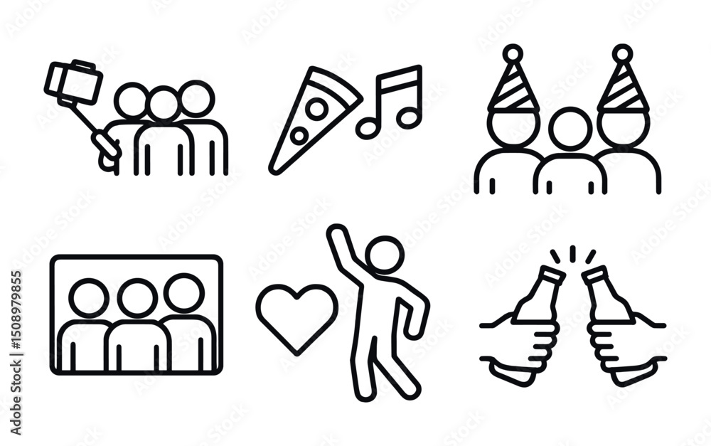 Fototapeta premium Party celebration icons with friends, pizza, and music for event design
