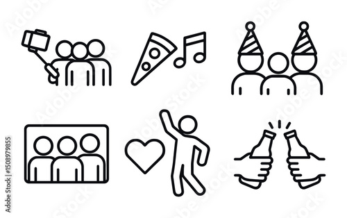 Party celebration icons with friends, pizza, and music for event design