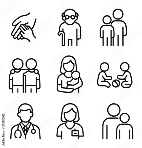 Supportive Family Icons. Outline icon set of supportive family: parent hand, grandparent figure, sibling duo, babysitter