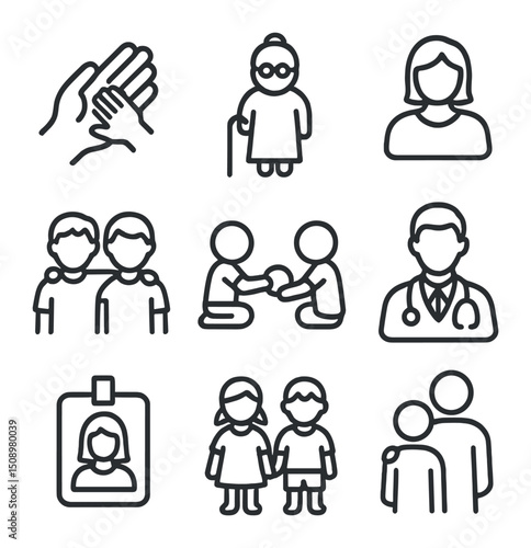 Supportive Family Icons. Outline icon set of supportive family: parent hand, grandparent figure, sibling duo, babysitter