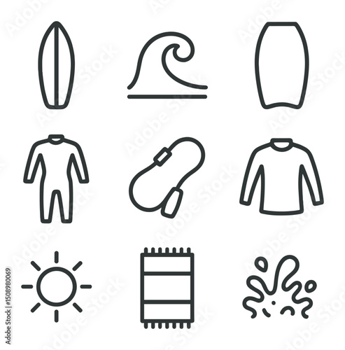 Surf Icon Set. Outline icon set of surfing and bodyboarding: surfboard, wave crest, bodyboard, wetsuit, leash, rashguard, sun icon