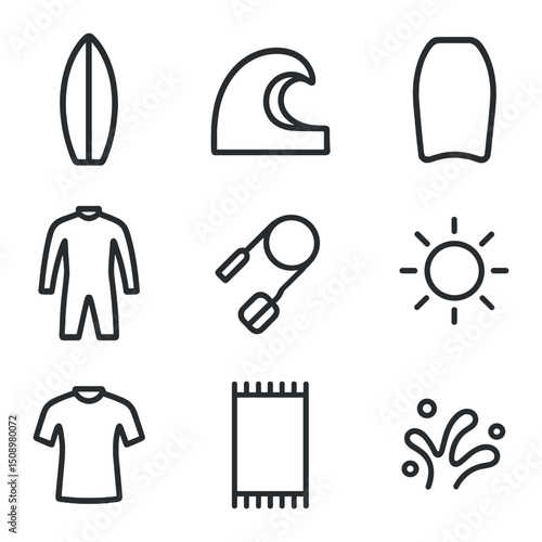 Surf Icon Set. Outline icon set of surfing and bodyboarding: surfboard, wave crest, bodyboard, wetsuit, leash, rashguard, sun icon