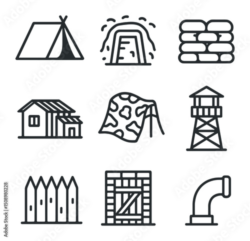Survival Shelter Icons. Outline icon set of survival shelter designs: makeshift tent, underground bunker entrance, sandbag wall,