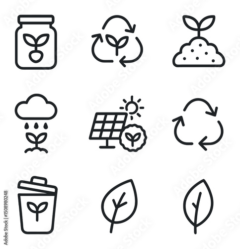 Sustainable Icon Set. Outline icon set of sprout sustainability: seed bank, regeneration loop, compost pile, water cycle icon,