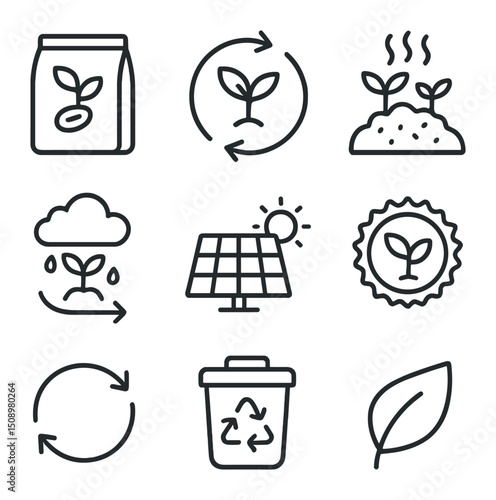 Sustainable Icon Set. Outline icon set of sprout sustainability: seed bank, regeneration loop, compost pile, water cycle icon,