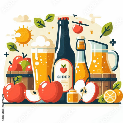 Cider stilllife bottles glass pitcher and fruits set against a warm sunny background