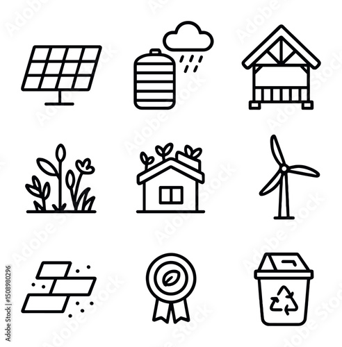Sustainable Beachfront Icons. Outline icon set of sustainable beachfront development: solar panel, rainwater tank, bamboo pavilion