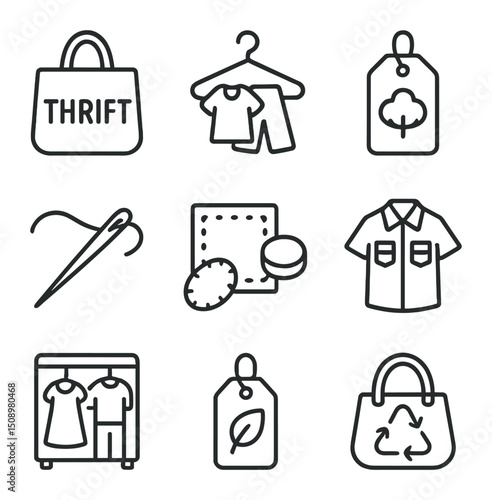 Sustainable Fashion Icons. Outline icon set of sustainable fashion choices: thrift store bag, clothing swap hanger, organic cotton
