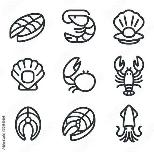 Sustainable Seafood Icons. Outline icon set of sustainable seafood catch: fish fillet, shrimp, oyster shell, scallop, crab claw,