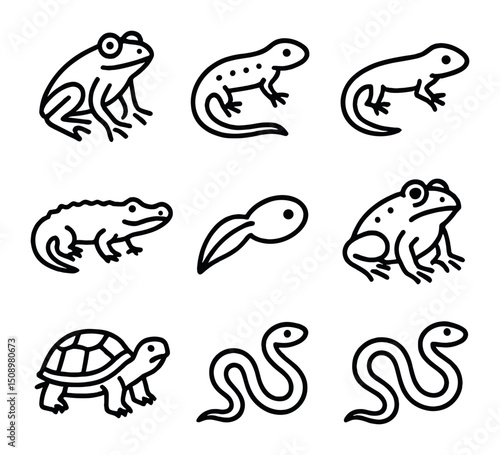 Swamp Creatures Icons. Outline icon set of swamp amphibians and reptiles: tree frog, salamander, newt, caiman, tadpole, toad,