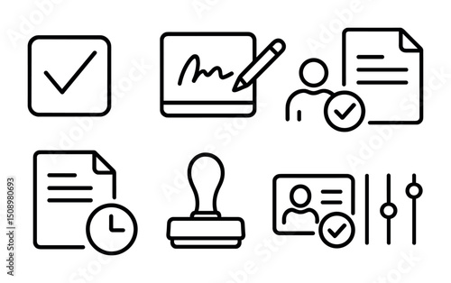 Digital signature and approval icons for document verification and identification