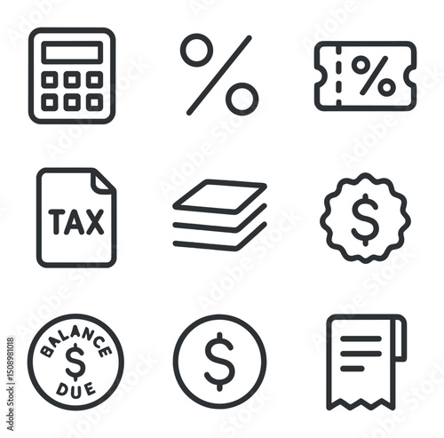 Tax and Discount Icons. Outline icon set of tax and discount summary: calculator, percent sign, discount coupon, tax document,