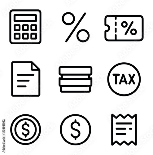 Tax and Discount Icons. Outline icon set of tax and discount summary: calculator, percent sign, discount coupon, tax document,