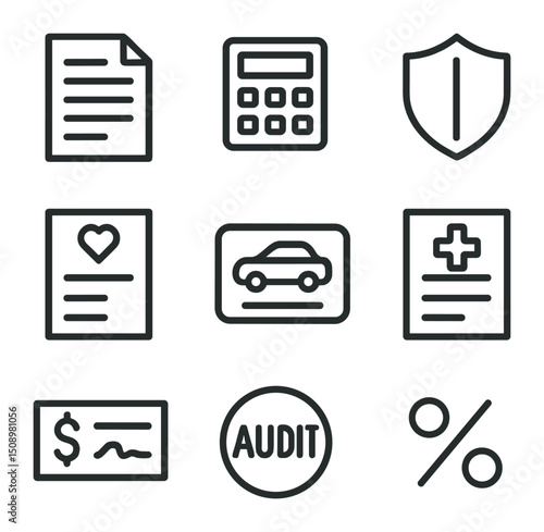 Taxes and Insurance Icons. Outline icon set of taxes and insurance: tax form, calculator, shield emblem, life insurance policy,
