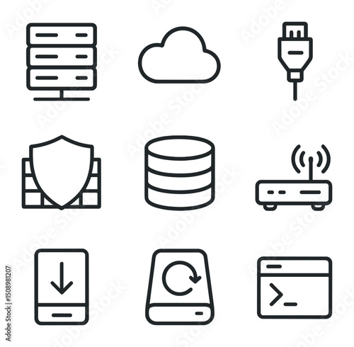 Tech Infrastructure Icons. Outline icon set of tech infrastructure setup: server rack, cloud icon, network cable, firewall shield,