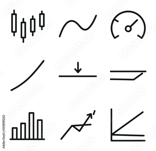 Technical Analysis Icons. Outline icon set of technical analysis: candlestick chart, moving average line, RSI gauge, MACD