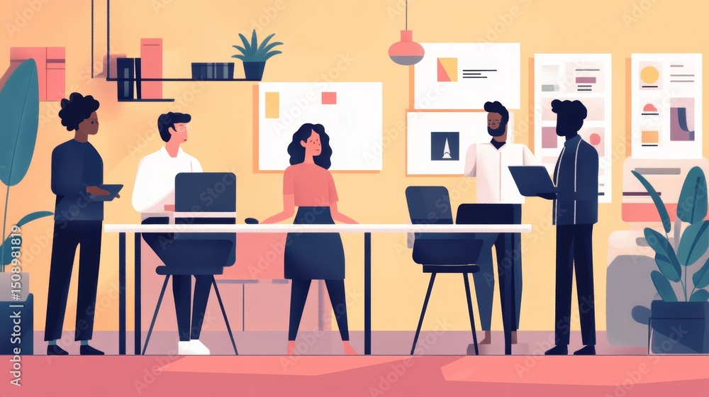 A process illustration of onboarding a new employee in a diverse and inclusive work environment. A process illustration of onboarding a new employee in a diverse and inclusive work environment.