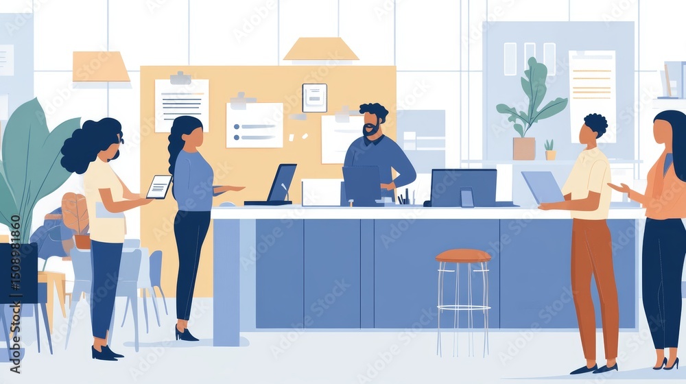 A process illustration of onboarding a new employee in a diverse and inclusive work environment. A process illustration of onboarding a new employee in a diverse and inclusive work environment.