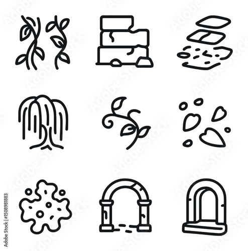 Temple Icon Set. Outline icon set of temple surroundings: overgrown vines, crumbling wall, stone pathway, weeping willow, ivy