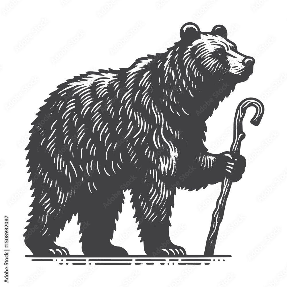 Obraz premium Vintage Hand-Drawn Marsican Brown Bear Illustration – Walking Stick Holding Character Engraved Style Vector For T-Shirts Posters Stickers And Adventure Lover Apparel
