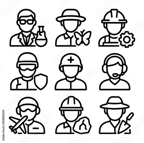 Terra Nova Icon Set. Outline icon set of Terra Nova mission roles: lead scientist, field biologist, engineer, security officer,