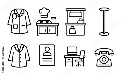 Diverse professional icons: chef, office, fashion, medical, and retail elements