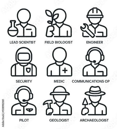 Terra Nova Icon Set. Outline icon set of Terra Nova mission roles: lead scientist, field biologist, engineer, security officer,