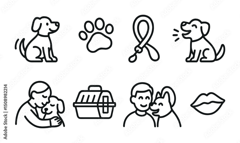 Fototapeta premium Pet care icons set: dog training, transport, and bonds