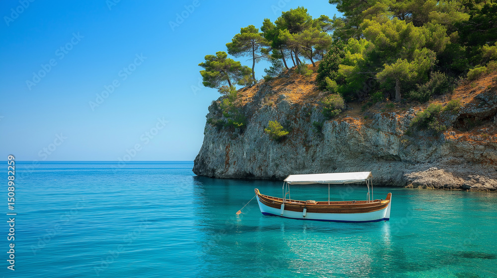 Obraz premium Scenic coastal landscape of tranquil blue waters with a small boat and rocky cliffs under sunlight