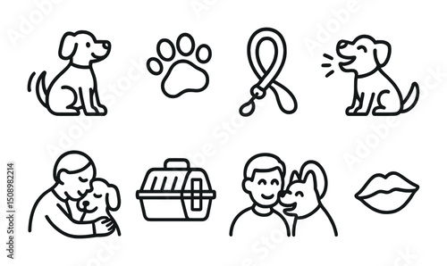 Pet care icons set: dog training, transport, and bonds