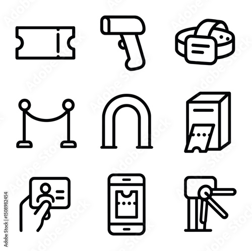 Ticketing Icon Set. Outline icon set of ticketing and entry: paper ticket, barcode scanner, wristband tag, queuing barrier,