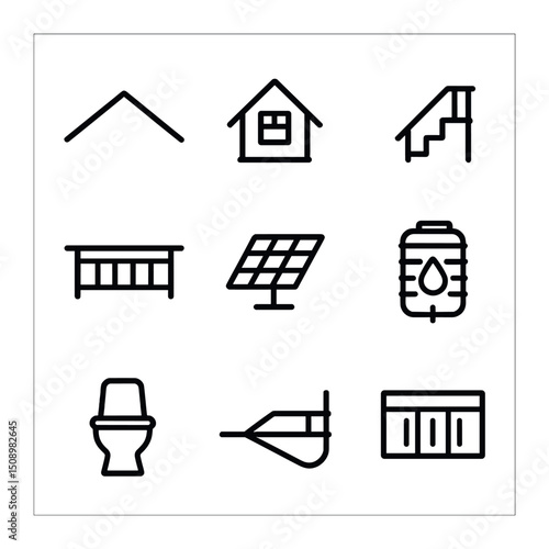 Tiny House Icon Set. Outline icon set of tiny house exterior elements: gable roof, loft window, exterior stairs, porch railing,