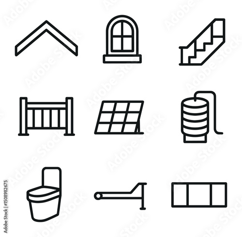 Tiny House Icon Set. Outline icon set of tiny house exterior elements: gable roof, loft window, exterior stairs, porch railing,