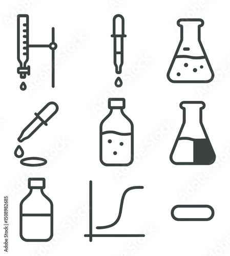 Titration Process Icons. Outline icon set of titration process: burette, pipette, Erlenmeyer flask, pH indicator drop, titrant