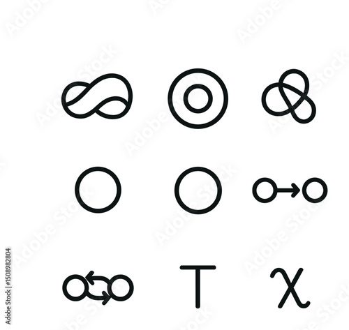Topology Icon Set. Outline icon set of topology ideas: Möbius strip, torus, knot, open set, closed set, continuous map,