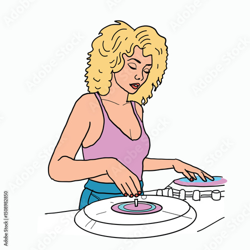 woman playing dj music. Cartoon Style Illustration