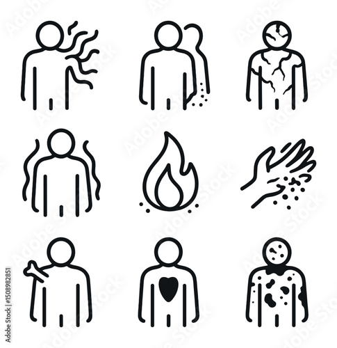 Tormented Transformation Icons. Outline icon set of tormented transformation: mutating figure, half-soul half-ash, cracked flesh,