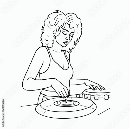 black and white line. woman playing dj music. Cartoon Style Illustration