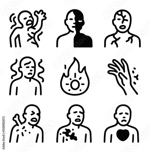 Tormented Transformation Icons. Outline icon set of tormented transformation: mutating figure, half-soul half-ash, cracked flesh,