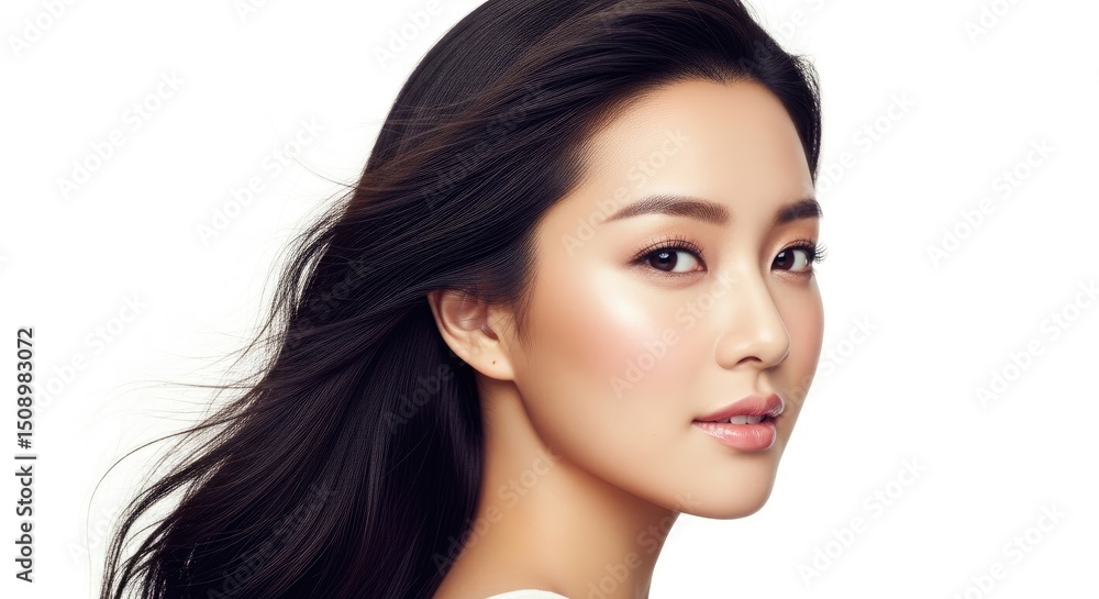 Fototapeta premium Portrait of a woman with flowing dark hair set against a transparent background showcasing a beauty shot with soft lighting and radiant skin. The image highlights her facial features.