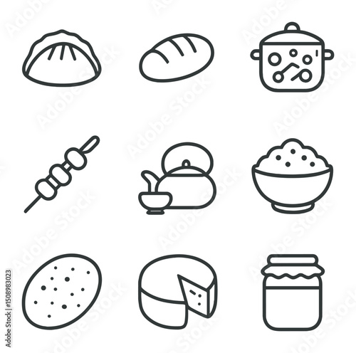 Traditional Cuisine Icons. Outline icon set of traditional cuisines: dumplings, bread loaf, stew pot, skewer, tea ceremony set,