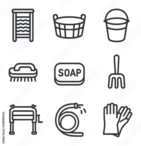 Traditional Laundry Tools. Outline icon set of traditional washing tools: washboard plank, wooden tub, metal bucket, scrub brush,