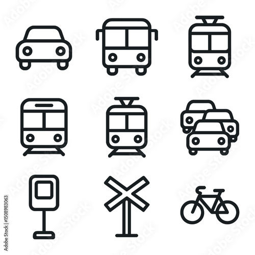 Traffic Icon Set. Outline icon set of traffic and transit: car icon, bus silhouette, train outline, subway car, tram icon, traffic