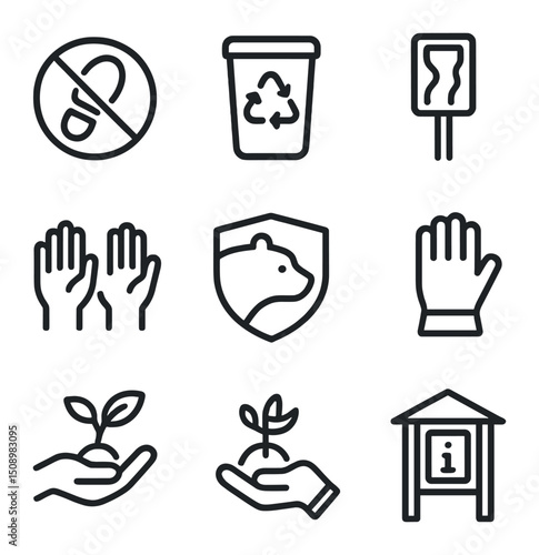 Trail Conservation Icons. Outline icon set of trail conservation and etiquette: leave no trace icon, recycle bin, trail