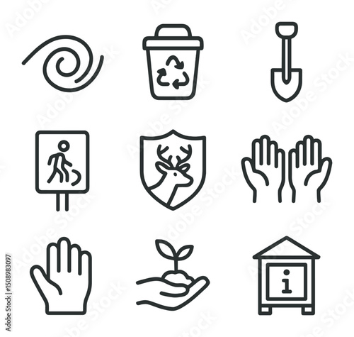 Trail Conservation Icons. Outline icon set of trail conservation and etiquette: leave no trace icon, recycle bin, trail