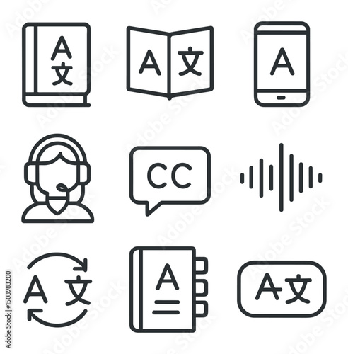 Translation Icons Set. Outline icon set of translation tools: bilingual dictionary, phrasebook, translation app, interpreter