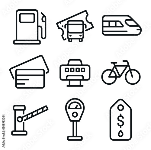 Transportation Cost Icons. Outline icon set of transportation costs: fuel pump, bus ticket, train ticket, metro card, taxi meter,